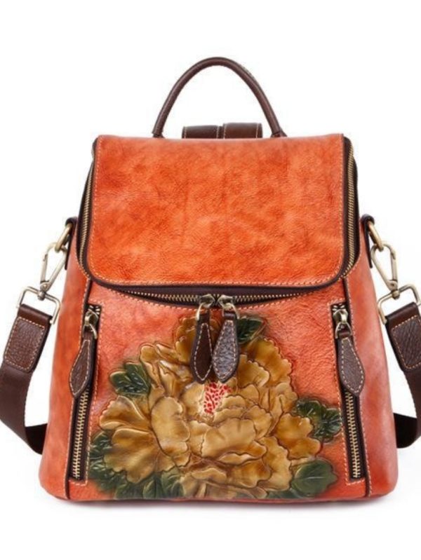 Çiçek Desenli Kabartma Gerçek Deri Sırt Çantası SK54206 - Kahverengi