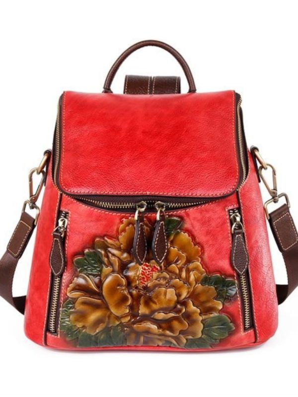 Çiçek Desenli Kabartma Gerçek Deri Sırt Çantası SK54206 - Kırmızı