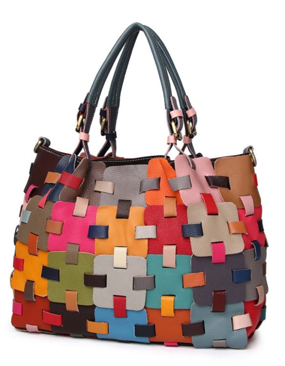 Renkli Büyük Patchwork Desenli El Yapımı Gerçek Deri Çanta SK53886