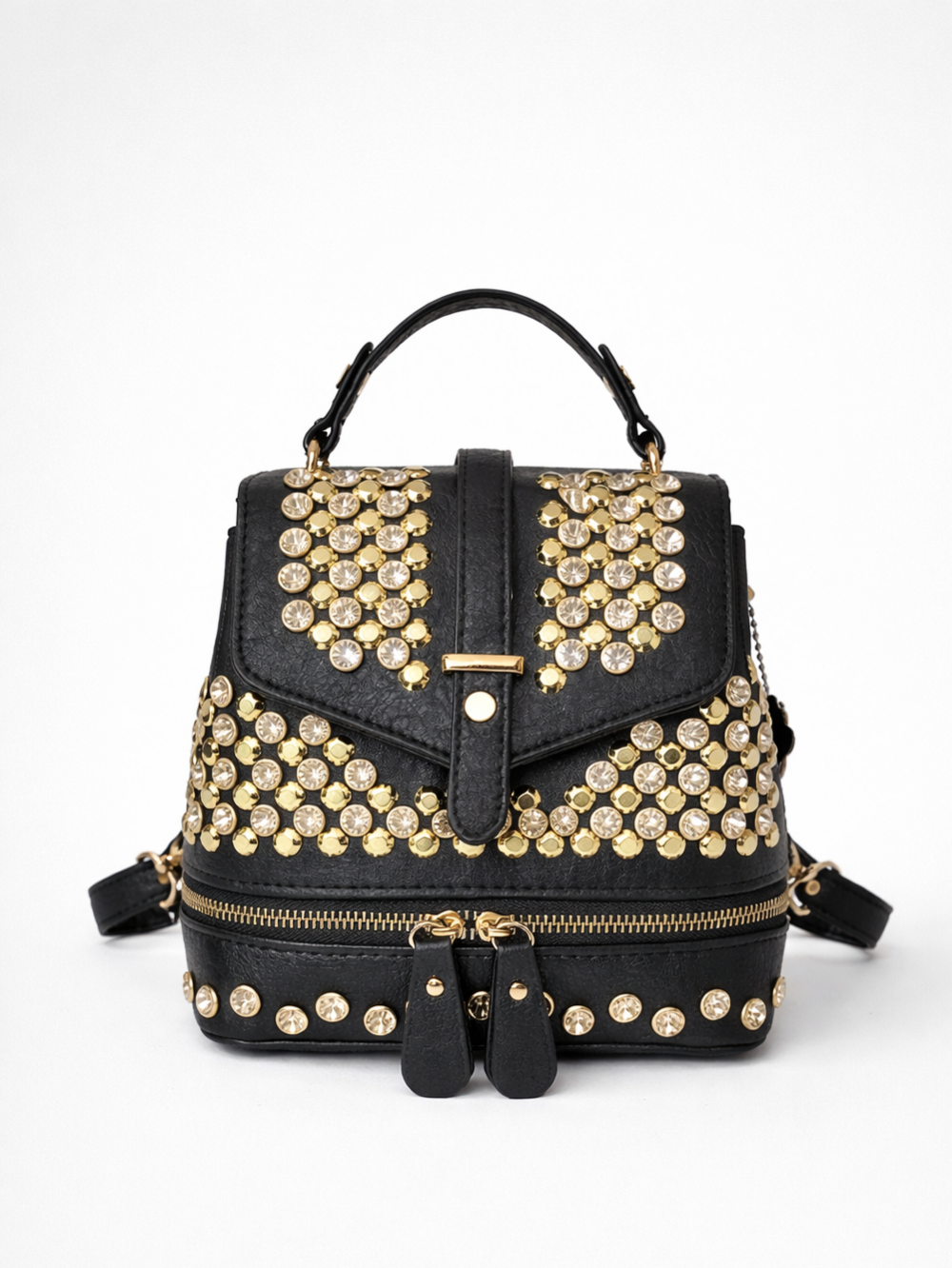 Gold faux leather women’s backpack with embellishments