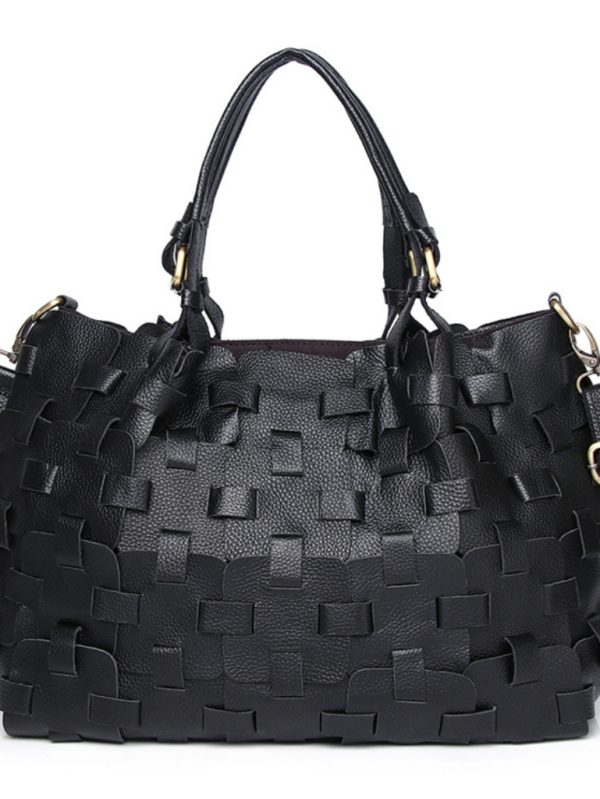 Büyük Patchwork Desenli El Yapımı Gerçek Deri Çanta SK53886 - Siyah