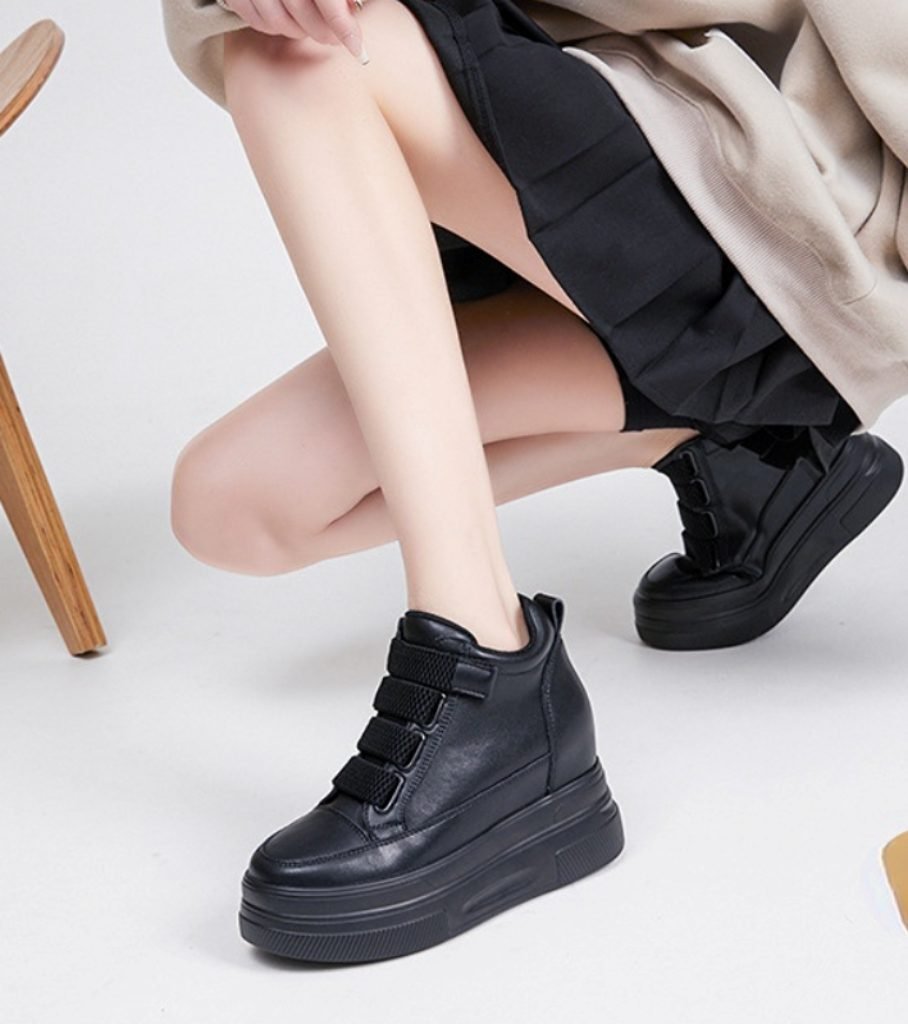 genuine leather platform sneakers for women black and white,