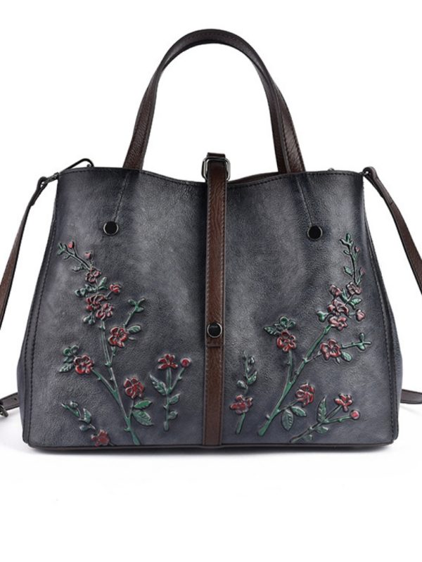 Kabartma Çiçek İşleme Gerçek Deri Çanta SK54188 - Siyah