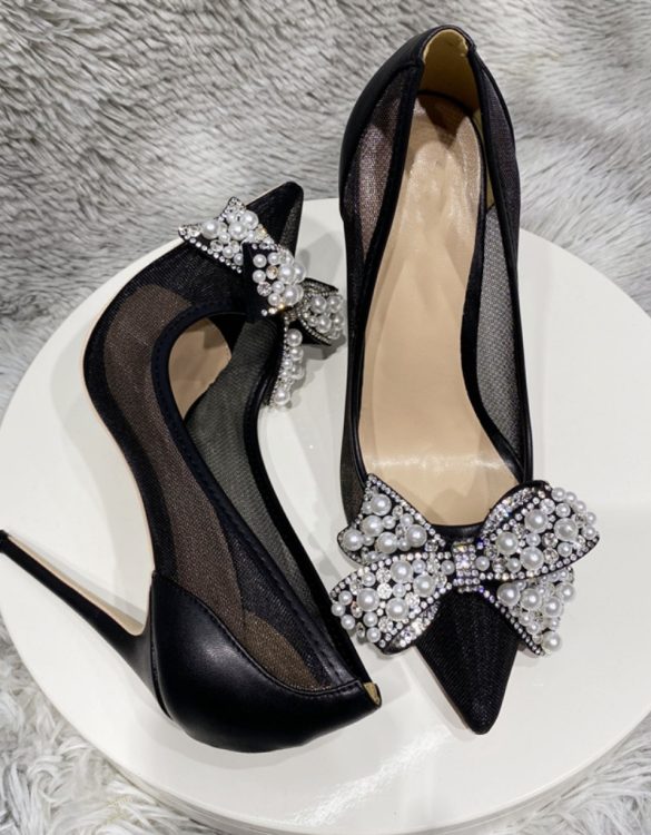 Siyah İnci Detaylı Tasarım Stiletto Siyah İnci Detaylı Tasarım Stiletto