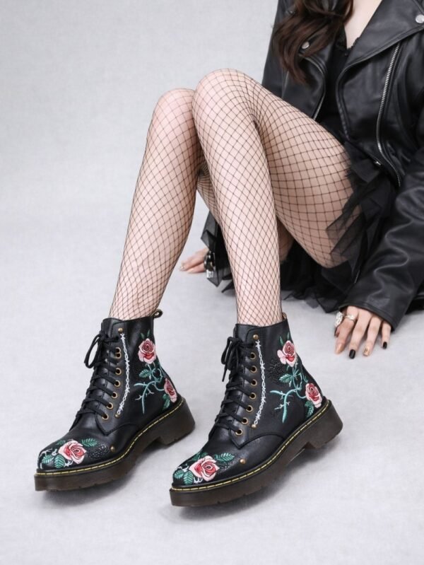 low heel embroidered leather boots women front view