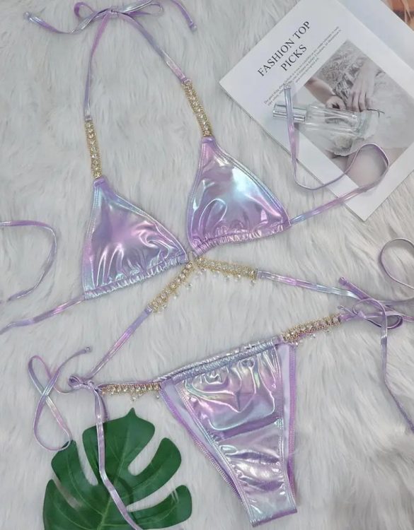 Lila Parlak Hologram Taşlı Bikini Takımı SK55185 Lila Parlak Hologram Taşlı Bikini Takımı SK55185