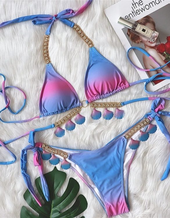 Pembe Mavi Taş ve Deniz Kabuğu Aksesuarlı Bikini Takımı SK55160