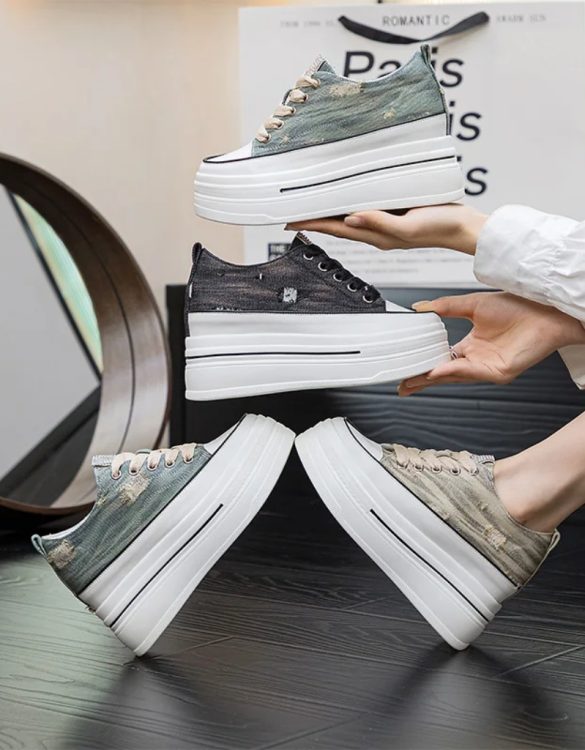 Denim Bağcıklı Platform Topuklu Ayakkabı SK55579