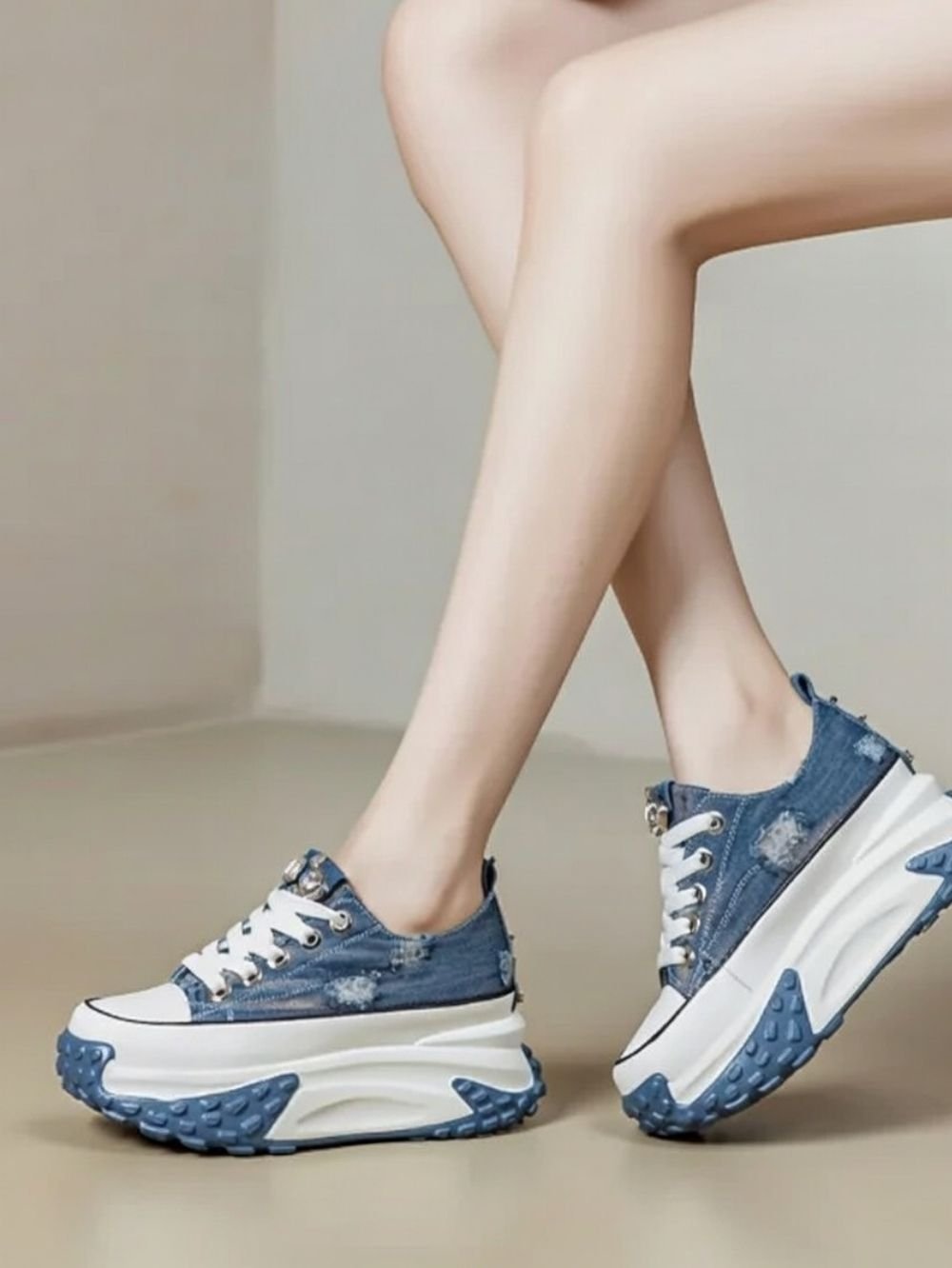 sporty denim platform shoes women rhinestone design front view