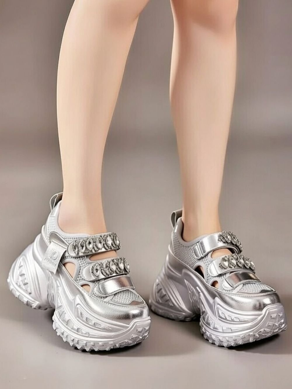 sporty platform sandals women rhinestone detail front view