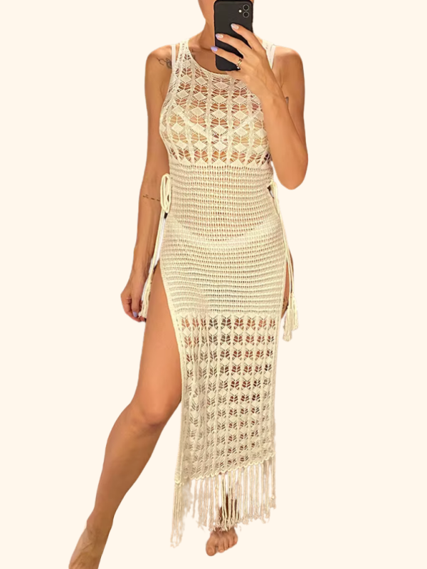 krem örgü yırtmaçlı plaj elbisesi