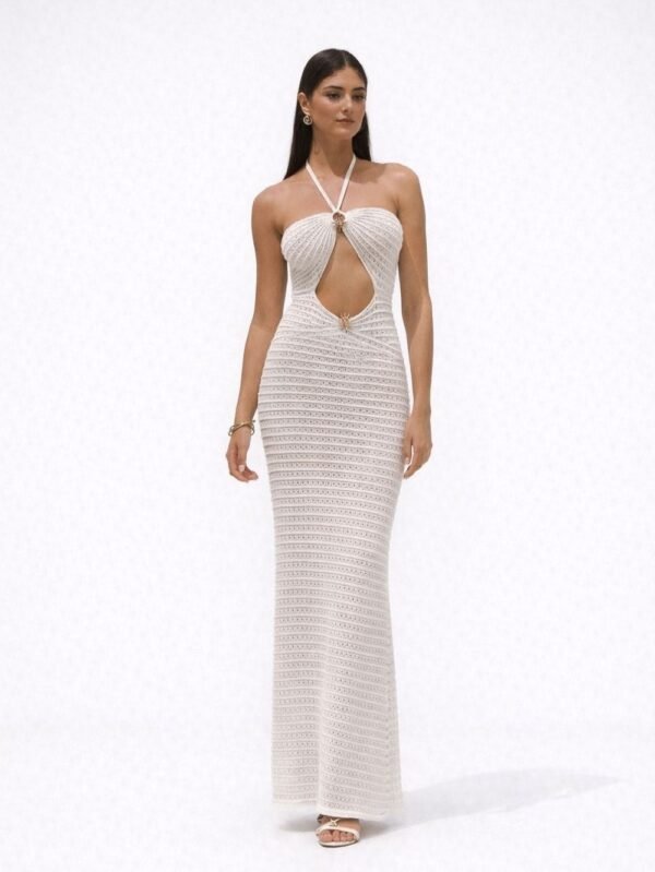 beige knitted beach cover up dress women front view