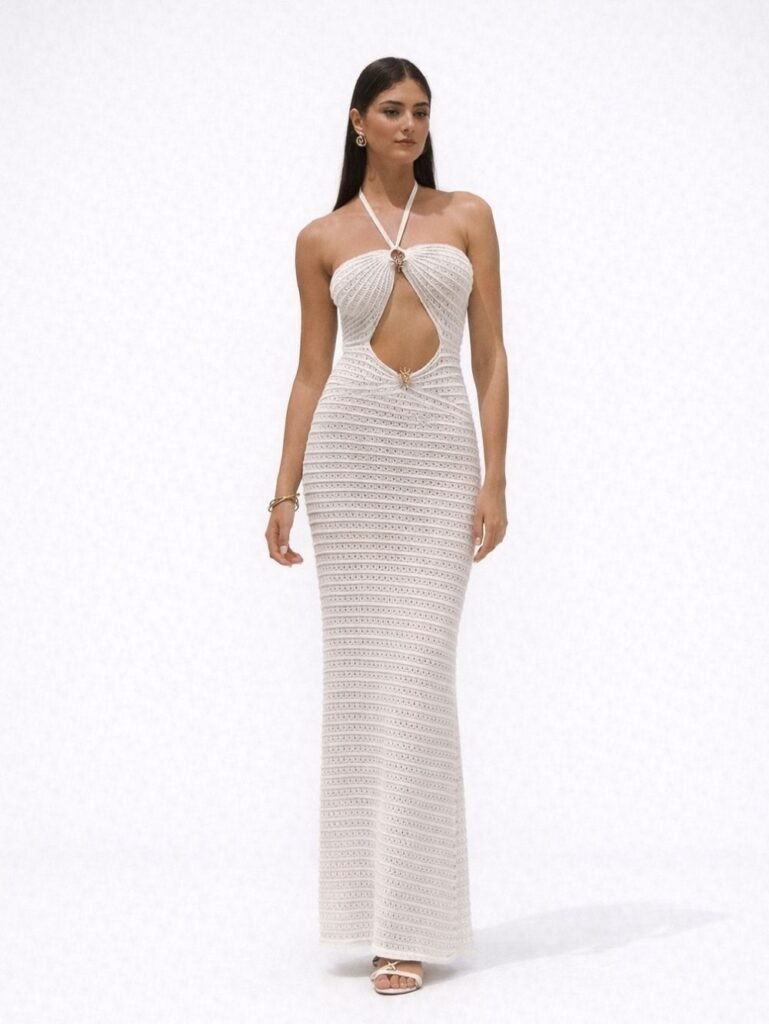 beige knitted beach cover up dress women front view