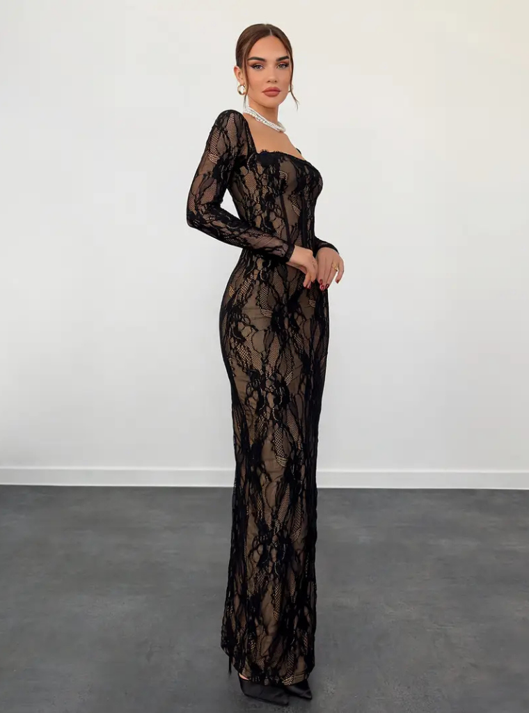 Square Neck Lace Long Dress for Women, Elegant Lace Evening Dress