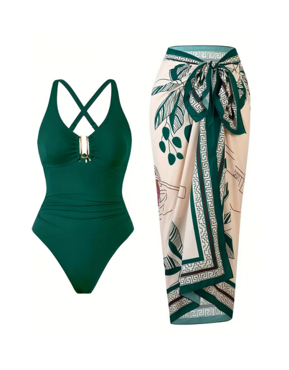 Yeşil Desenli Etekli Mayo Takımı SK56542