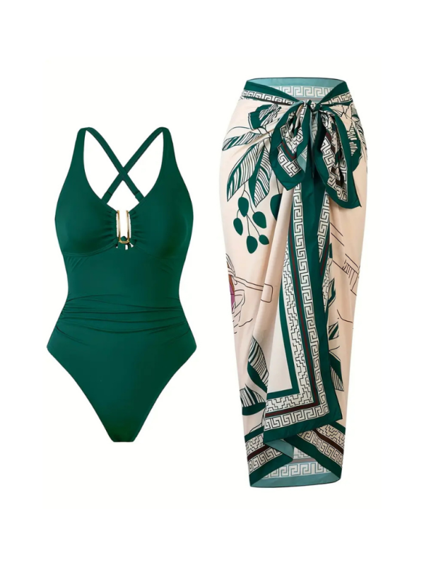 Yeşil Desenli Etekli Mayo Takımı SK56542