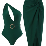 yeşil Tek Omuz Etekli Mayo Takımı