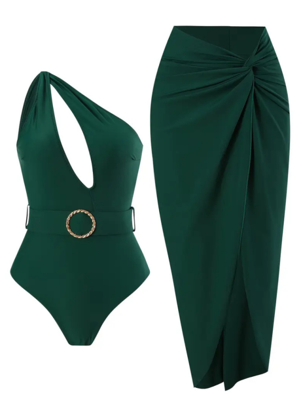 yeşil Tek Omuz Etekli Mayo Takımı