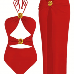 Kırmızı Aksesuarlı Etekli Mayo Seti SK56598