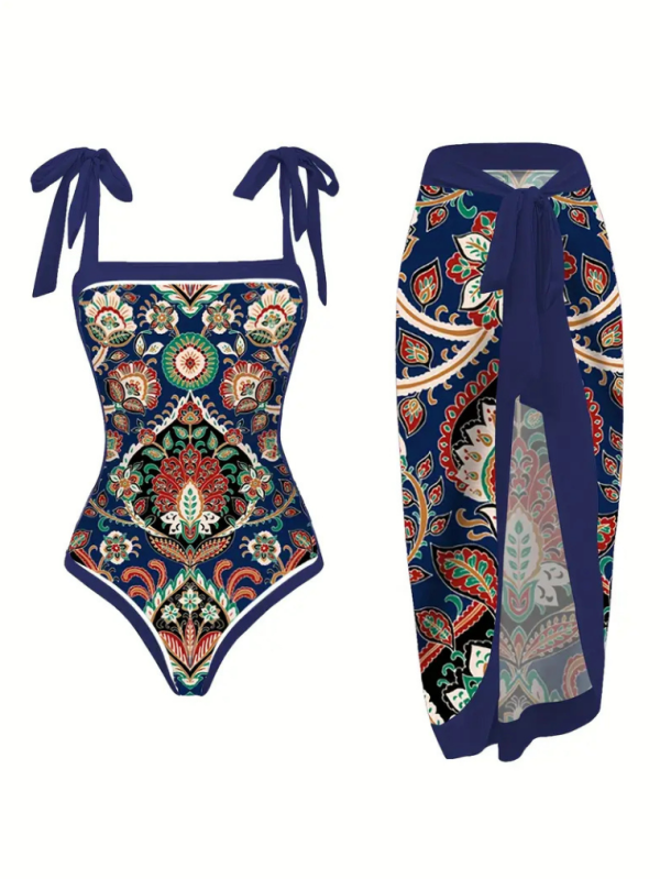 Lacivert Etnik Desenli Etekli Mayo Takımı