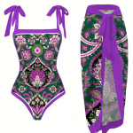 Mor Etnik Desenli Etekli Mayo Takımı