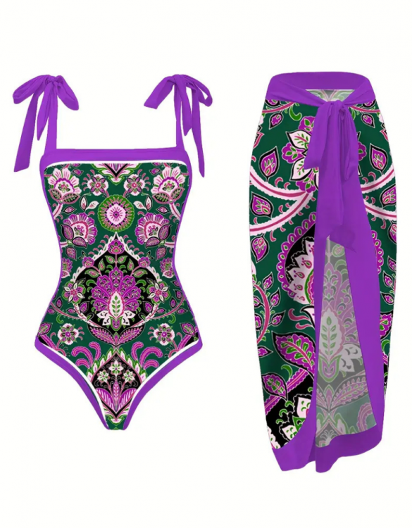 Mor Etnik Desenli Etekli Mayo Takımı