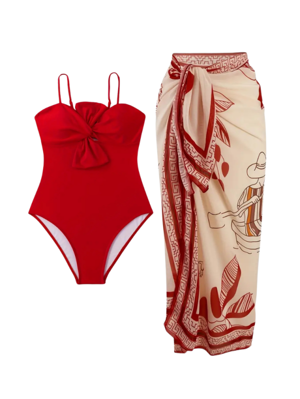 Kırmızı Desenli Etekli Kadın Mayo Takımı SK56552