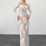 Beyaz Kare Yaka Dantel Uzun Elbise