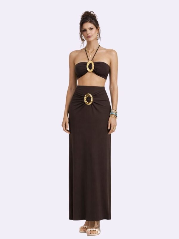 brown metal accessory bikini skirt set for women beach wear,