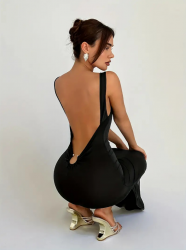 backless long black evening dress for women elegant night style,