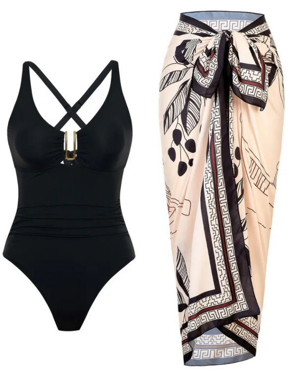 Siyah Desenli Etekli Metal Aksesuarlı Bikini Takımı SK56525