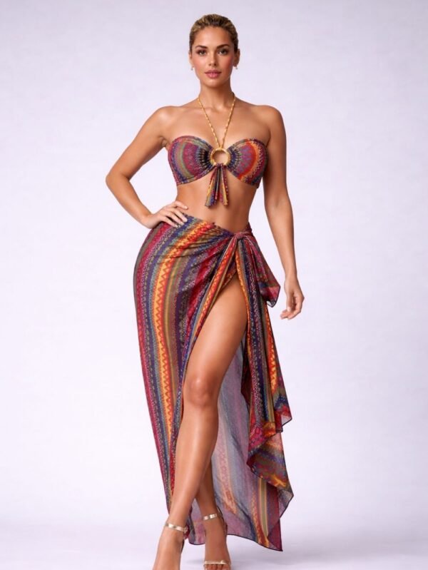 women multicolor ethnic skirted swimsuit beach wear,