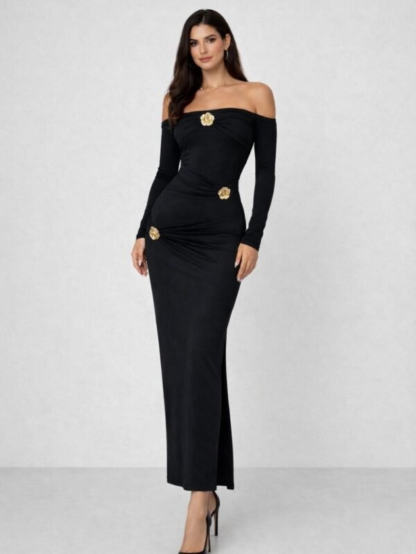elegant black night dress with gold floral accessory front view