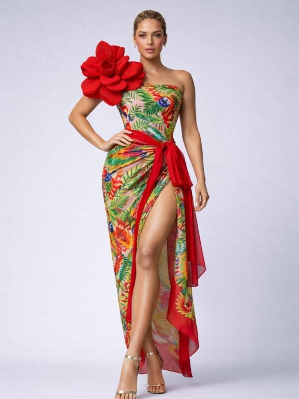 elegant patterned skirted swimsuit set front view