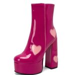 Fuşya Kalpli Parlak Kalın Topuk Bot SK56981