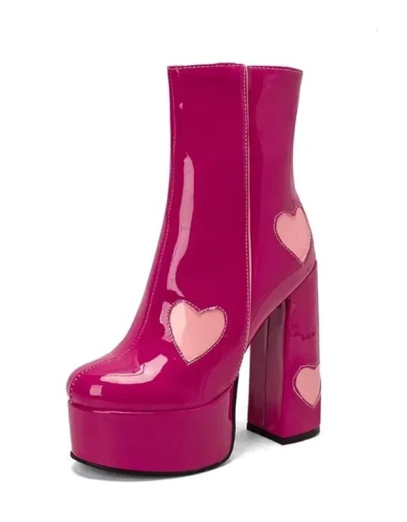 Fuşya Kalpli Parlak Kalın Topuk Bot SK56981