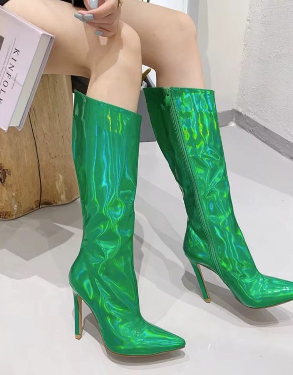Yeşil Parlak Neon Renkli Topuklu Çizme SK57070