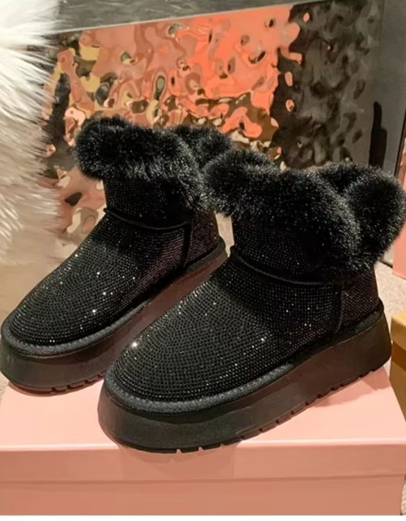 Siyah Kürklü Parlak Taşlı Kar Botu SK57053