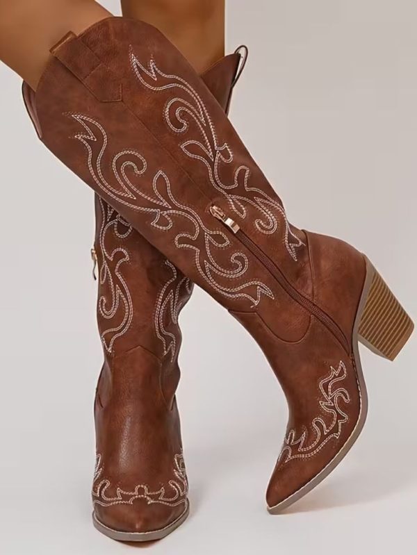 İşlemeli Kahverengi Deri Uzun Kovboy Çizmesi SK57132