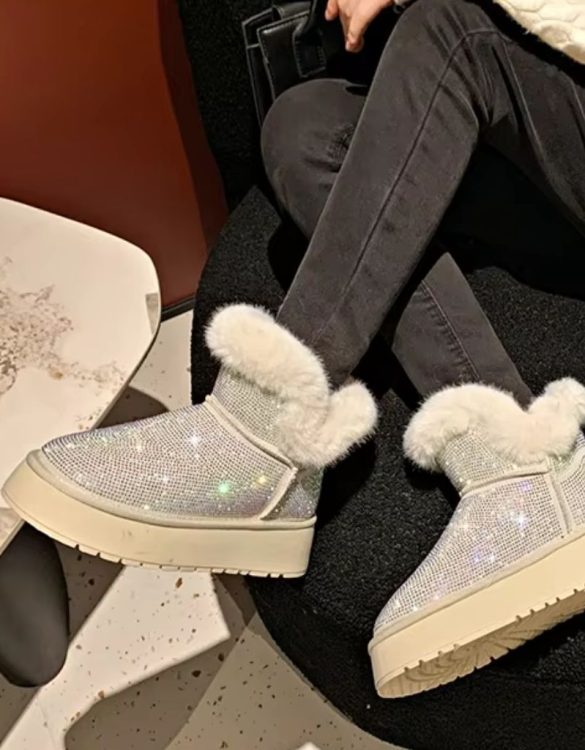 Gümüş Kürklü Parlak Taşlı Kar Botu SK57053