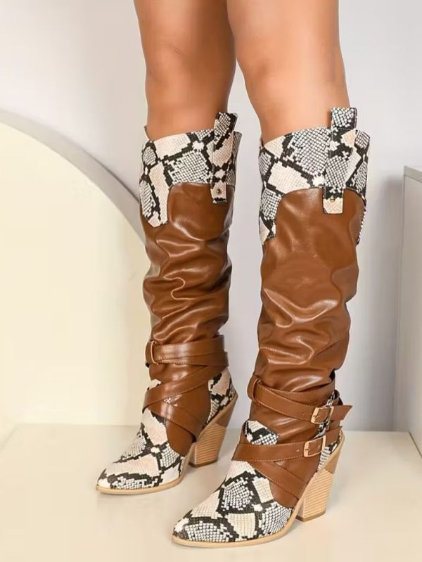 Kahverengi Yılan Derisi Desenli Uzun Çizme SK57141