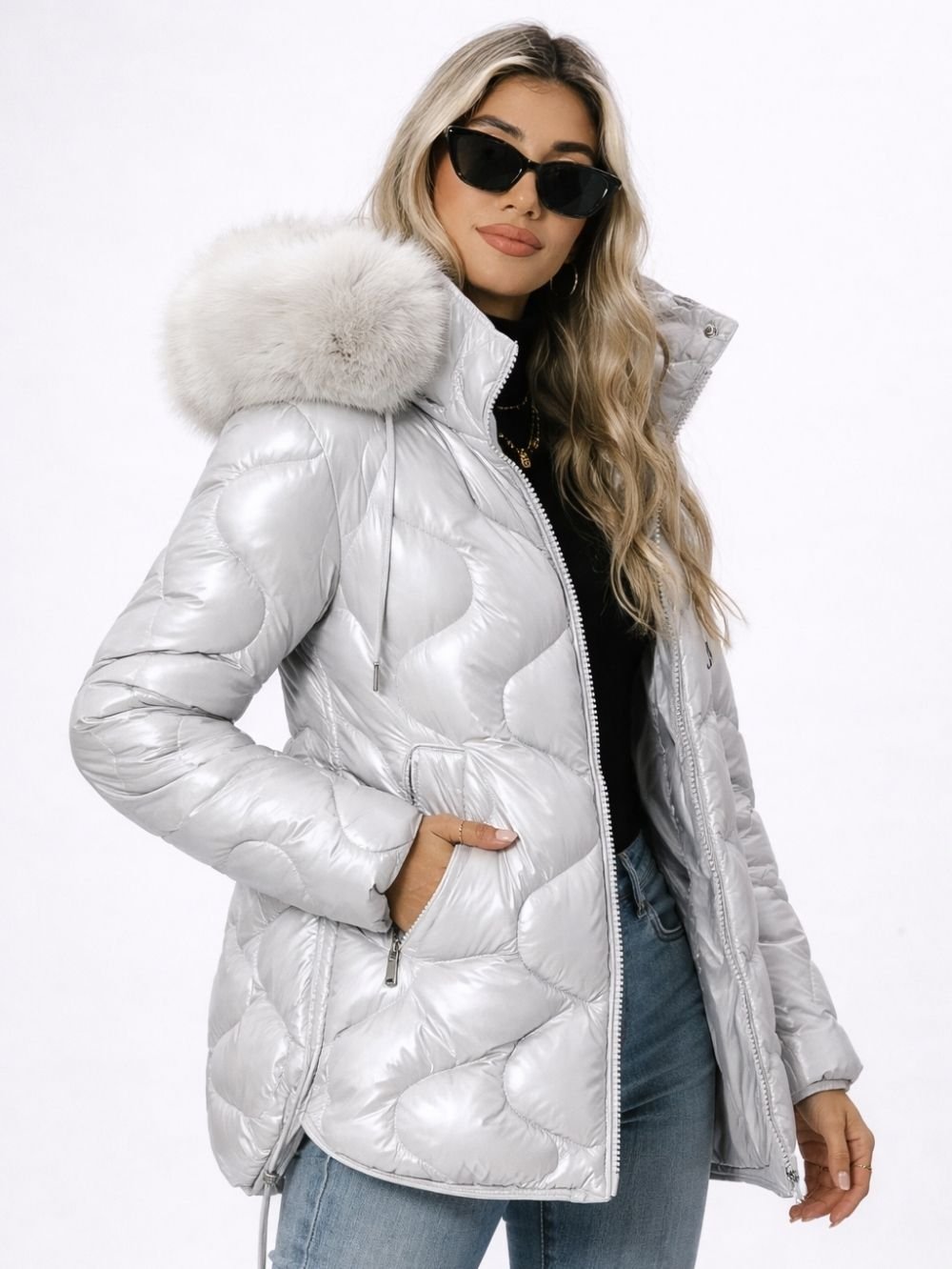 glossy fur hooded puffer jacket for women