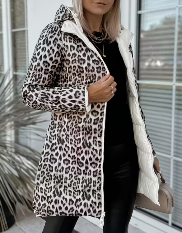 Beyaz Çift Taraflı Leopar Şişme Mont SK57239