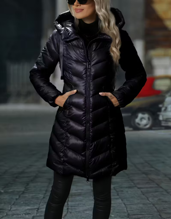 Siyah Uzun Kapüşonlu Şişme Mont SK57225