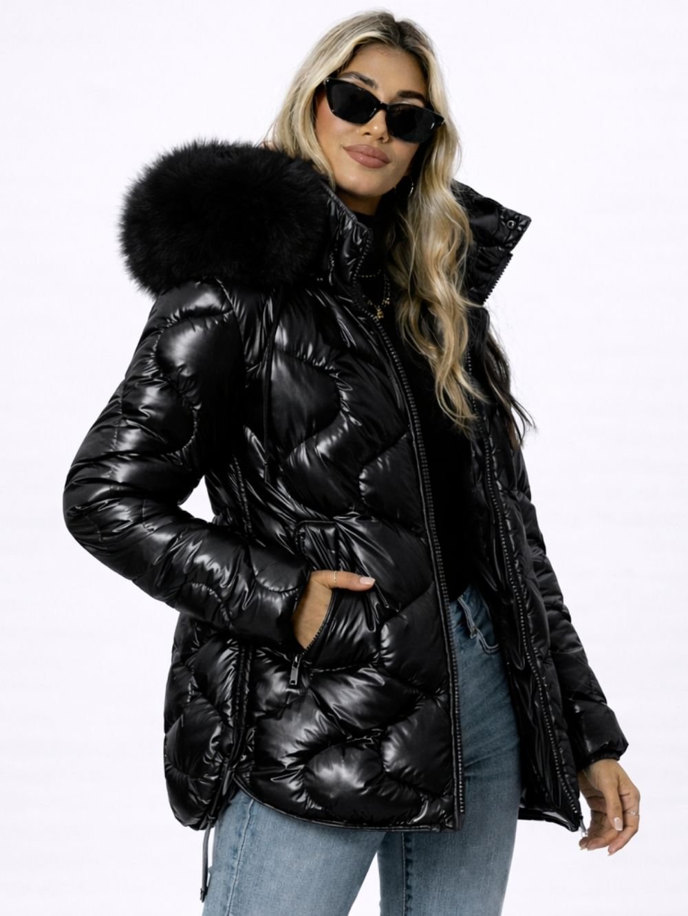 Glossy Fur Hooded Puffer Jacket for Women