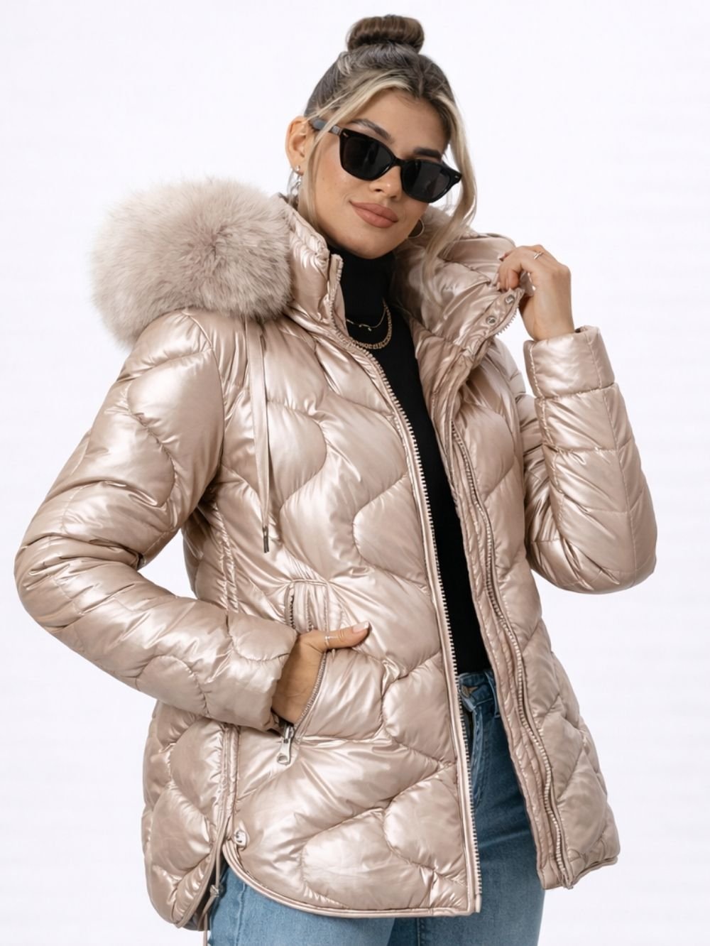 Glossy Fur Hooded Puffer Jacket for Women - Image 2