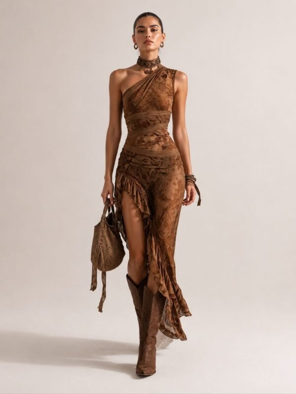 women asymmetric brown lace maxi dress with high slit and boho western styling