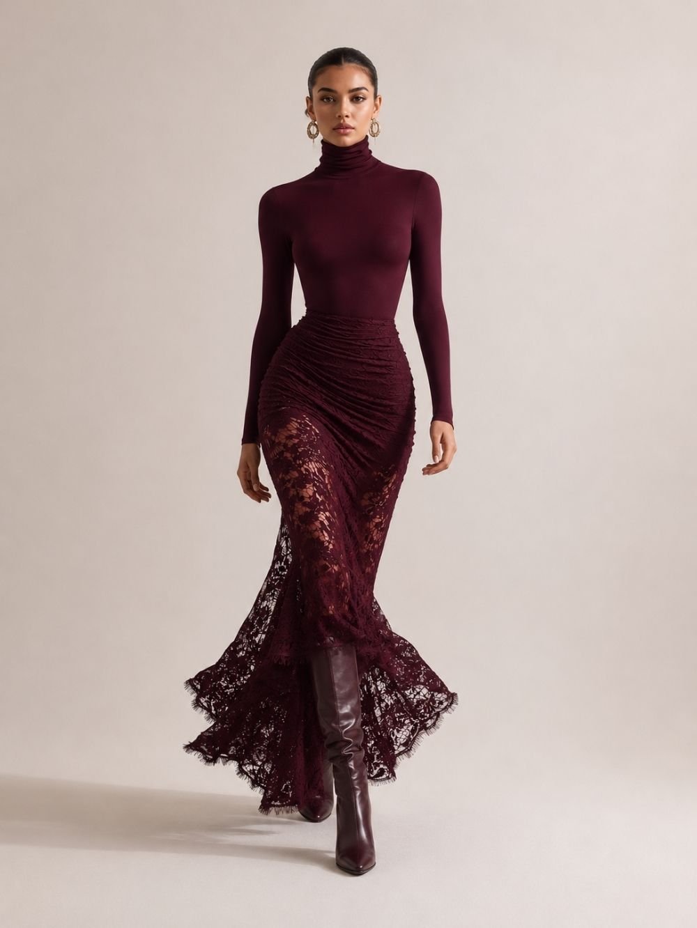 women burgundy lace mermaid maxi dress with high neck and fitted silhouette