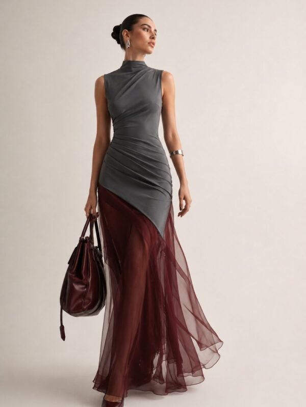 women high neck grey maxi dress with burgundy chiffon patchwork hem