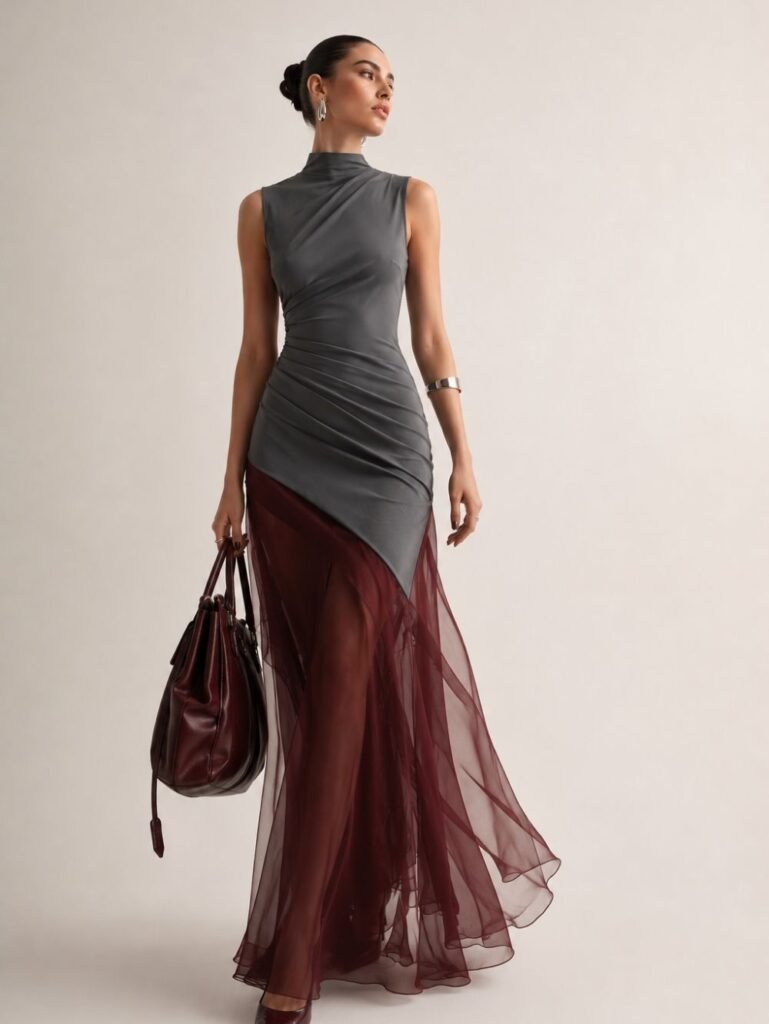 women high neck grey maxi dress with burgundy chiffon patchwork hem